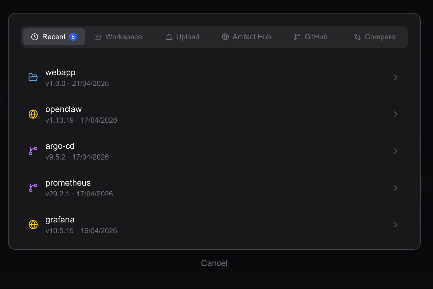Chart loader modal showing Recent, Workspace, Upload, and Artifact Hub tabs